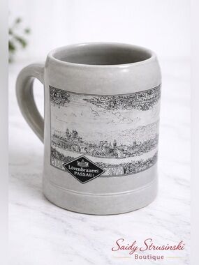 Vintage German Beer Stein Mug Löwenbrauerei Passau Gray Stoneware Collectible